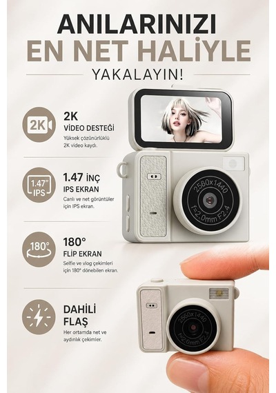 Mini Dijital Kamera 2k Video 1.47 İnç Ips Ekran 180 Flip Ekran Dahili Flaş Çoklu Filtre Desteği 60 Dakika Kullanım Süresi Kompakt Kamera S162 Krem