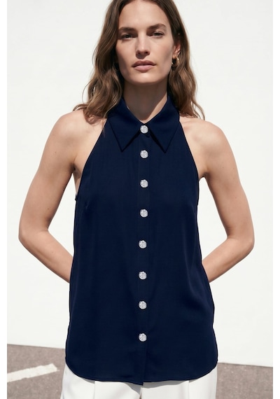 Sateen Halter Yaka Gömlek - Lacivert-137485