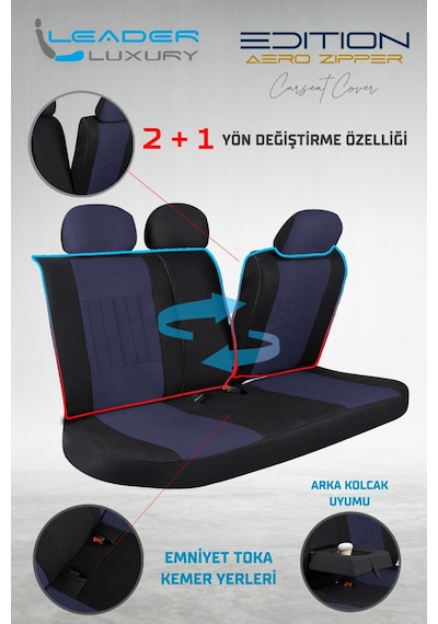 Renault 11 Flash Uyumlu Lüx Deri Detaylı Tay Tüyü Oto Koltuk Kılıfı Ön Arka Takım Edition Serisi Lacivert