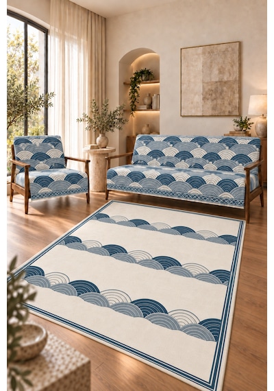 3 Lü Set 2 Adet 165x215 Cm Koltuk Örtüsü + 1 Adet 6m2 180x280 Cm Kaymaz Taban Dijital Baskılı Halı lacivert
