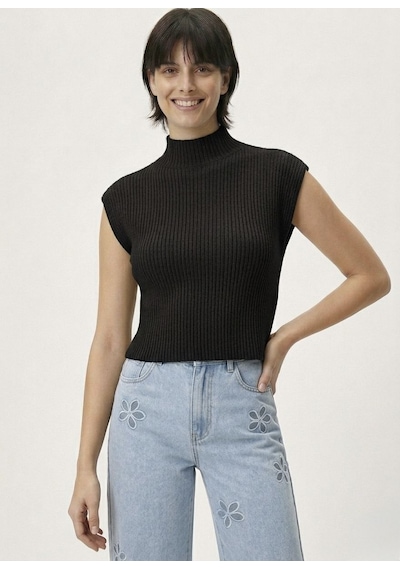 Neden Tekstil Kadın Yarım Balıkçı Yaka Fitilli Triko Kolsuz Crop Bluz - Siyah