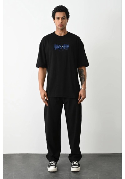 Genel Markalar Baskılı Oversize T-shirt - Siyah - Çok Renkli