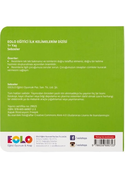 +1 Yaş Ilk Kelimelerim Dizisi Sebzeler Eolo Yayınları