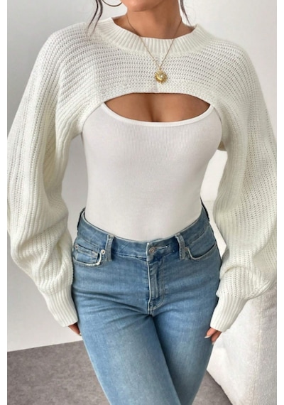 Tarz Cool Kadın Beyaz Dekolteli Crop Triko Bolero Beyaz