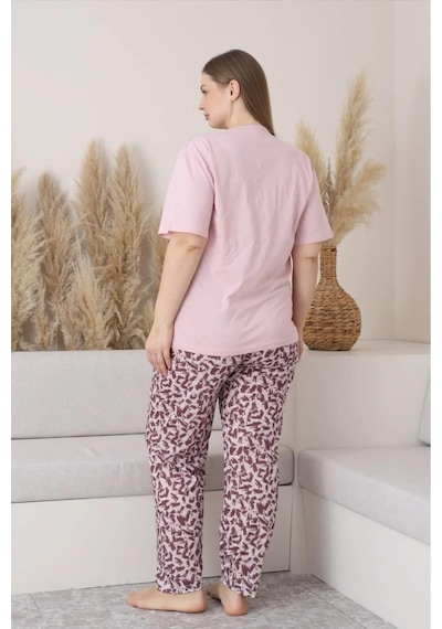 Sude Kadın Büyük Beden Düğme Yaka Penye Kısa Kol İnce Pijama Takımı P146 - 1 Adet Pembe