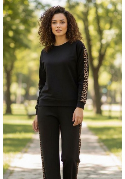Trend Alisse Bisiklet Yaka Leopar Garnili Esnek Cepli Modal Takım Siyah