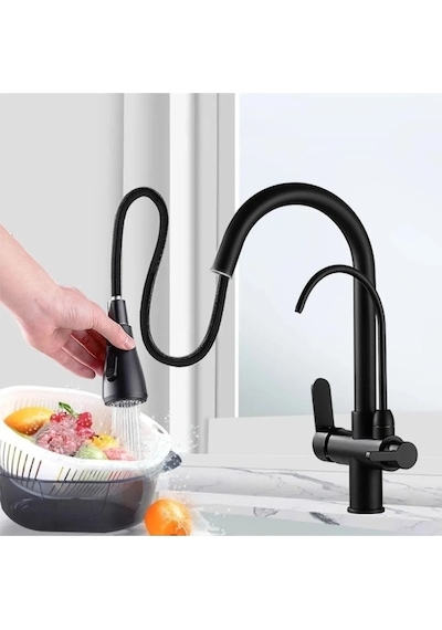 Fleko Siyah Arıtmalı Spiralli 3 Yollu Mutfak Eviye Bataryası