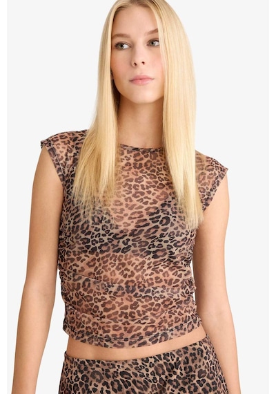Defacto Coool Fitted Leopar Desenli Tül Kısa Kollu Tişört G1518ax25aubg362 Bej