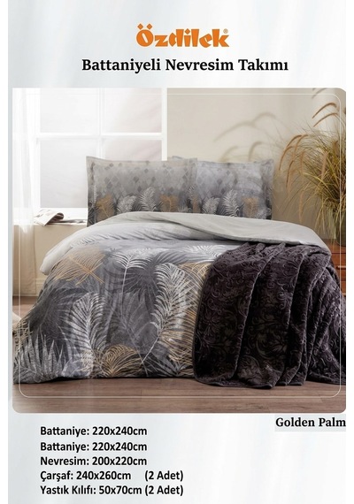 Özdilek Golden Palm Battaniyeli Çift Kişilik Nevresim Takımı Gri