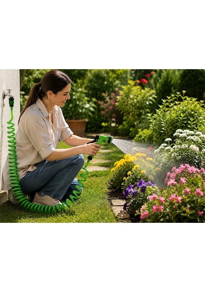 Orret Home 10 Metre Spiral Bahçe Sulama Hortumu Seti, 7 Fonksiyonlu Sprey Tabancalı Uzayabilir Kompakt Hortum,pratik B