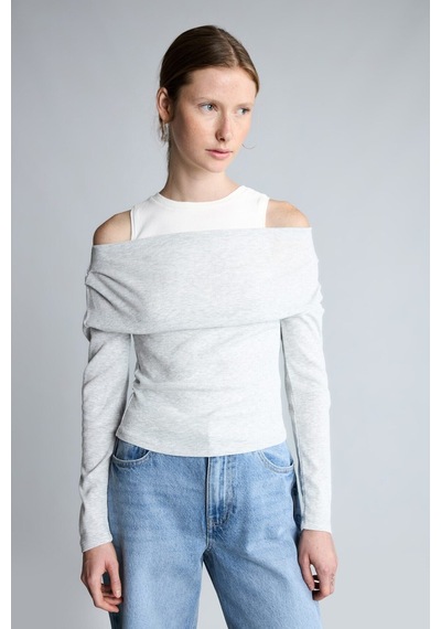 Defacto %100 Pamuk Slim Fit Tek Omuzlu Drape Detaylı Ribana Uzun Kollu Basic Tişört I2636ax26augr210 Gri-gr210