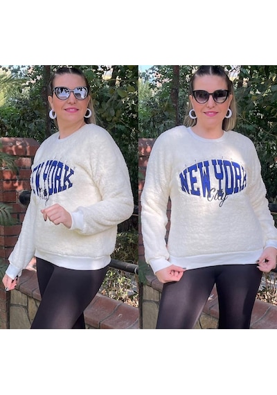 Welsoft New York Nakışlı Beyaz Peluş Sweatshirt Ekru