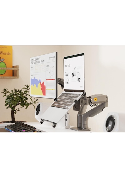 North Bayou F160-fp 17"-27" Monitör Destekli & 10"-17" Laptop Standı - İki Farklı Kullanımlı, Amortisörlü, 360 Dönebilen, Yükseklik Ayarlı, Kablo Kanallı, 2-9 Kg, Masa Monte Monitör Kolu F160-fp