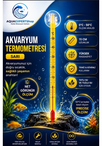 Akvaryum Termometre - Sarı - Hassas Ölçüm - Cam Termometre - 0/50 Derece Arası Ölçüm - Net Görünür - Güçlü Vantuz