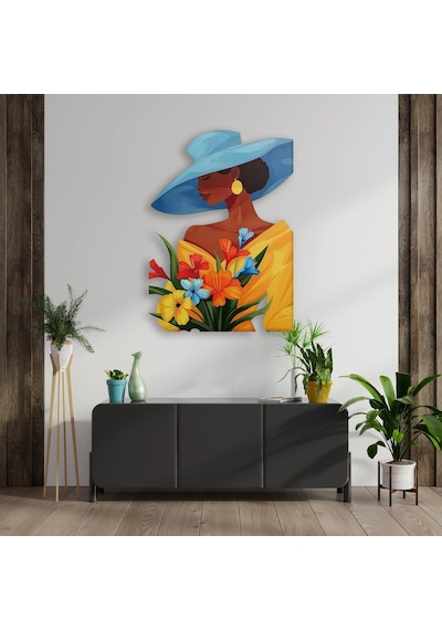 Mavi Şapkalı Kadın Çiçek - Metal Tablo - Dec0120 68 X 95 Cm Çok Renkli