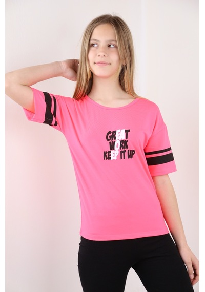 Toontoy Kids Toontoy Kız Çocuk Baskılı Tişört Neon Pembe