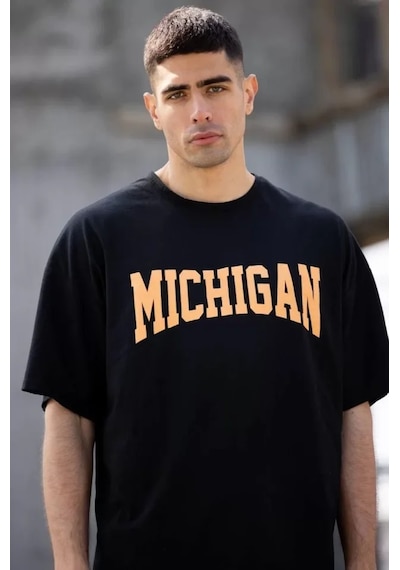 Suma Unisex Bisiklet Yaka Baskılı Oversize T-shirt Siyah L Beden