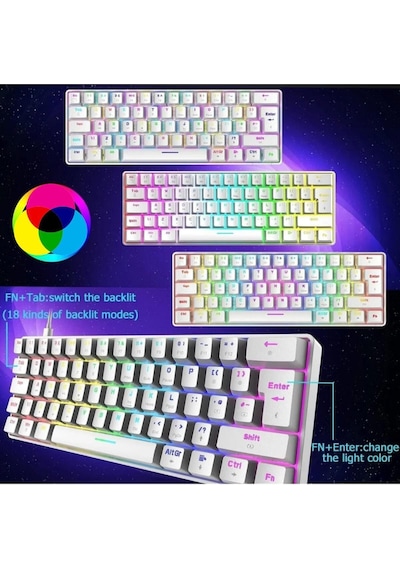 Trol Red Switch Mini Oyun Klavyesi Gaming Mekanik 62 Tuşlu 18 Led Usb Tip-c Kablosu Beyaz