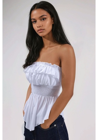 Hiccup Fırfırlı Ve Dokulu Bandeau Top Beyaz