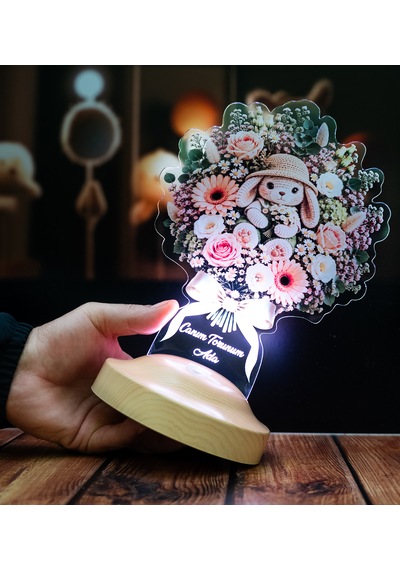 Sevimli Tavşan Işıklı Çiçek Buketi Led Lamba - Kız Bebeğe, Çocuğa İsimli Doğum Günü Hediyesi Tavşan Çiçek Buketi