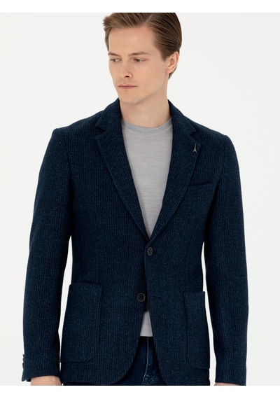 Cacharel Lacivert Slim Fit Yün Karışımlı Flanel Ceket