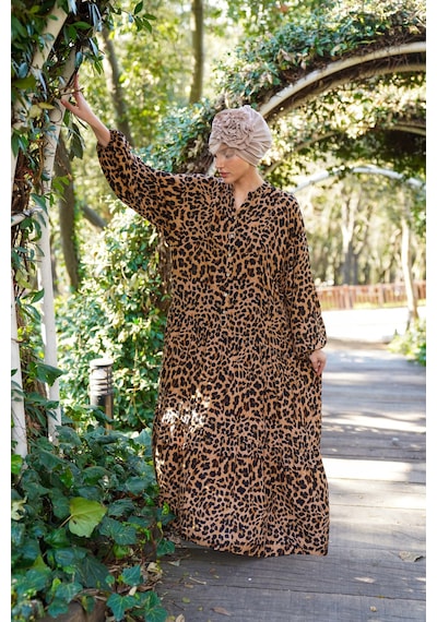 Polologin Butik Leopar Desenli Uzun Spor Tesettür Elbise Kahverengi
