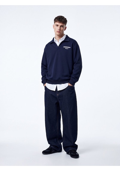 LTB Regular Fit V Yaka Yazı Baskılı Lacivert Sweatshırt