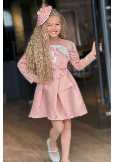 Riccotarz Kız Çocuk Kare Yaka Göğsü Pano Çiçek Asimetrik Kesim Pembe Elbise Pembe