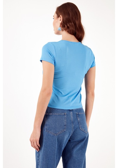 Lela Slim Fit V Yaka Yanları Büzülebilir Bayan Bluz 5864011 Mavi