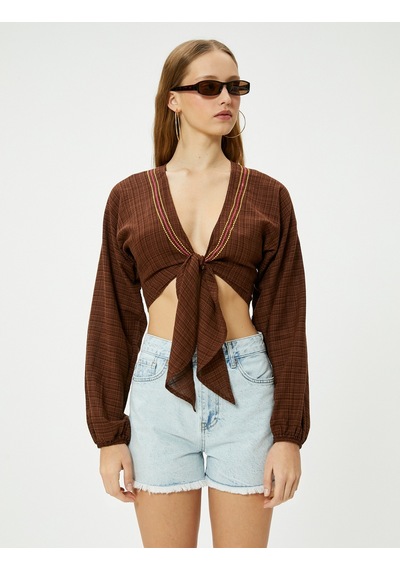 Koton Crop Kimono Önden Bağlamalı Slim Fit Uzun Kollu Kahverengi 4sal50021ıw Kahverengi