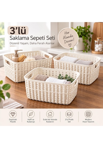 Selka Home Küçük Boy 3 Lü Örgü Desenli Saklama Sepeti Ekru