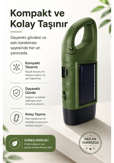 Solar Panelli Şarjlı Dinamolu Powerbank Fener El Kranklı Usb-c Kamp Ve Acil Durum Lambası Karabinalı Yeşil