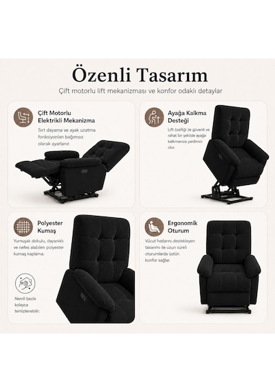Smarto Relax Porto Liftli Çift Motorlu Elektrikli Ayağa Kalkma Destekli Polyester Hasta Ve Baba Tv Koltuğu Siyah