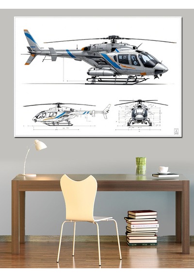 Mühendislik Çizimli Helikopter Dekoratif Kanvas - Mdf Ahşap Tablo