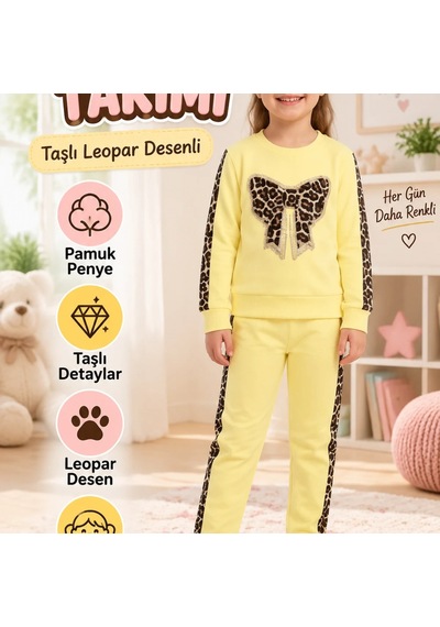 Candar Taşlı Leopar Desenli Pamuk Penye Çocuk Takımı 4/12 Yaş Sarı