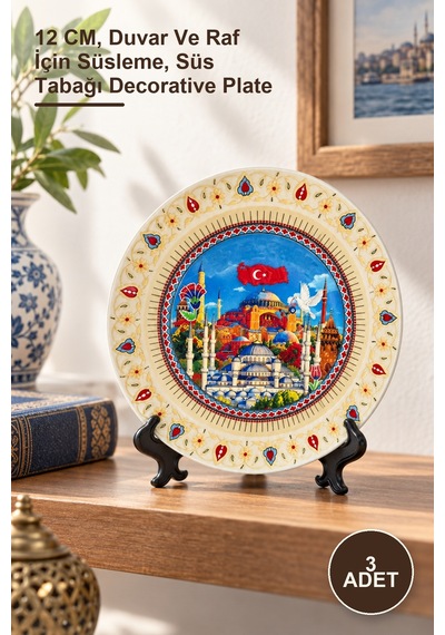 3 Adet İstanbul Temalı Porselen Dekoratif Tabak 12 Cm, Duvar Ve Raf İçin Süsleme, Süs Tabağı Decorative Plate