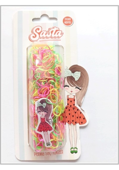 Sasta Lastik Saç Tokası Karışık Renk + Sticker Çok Renkli