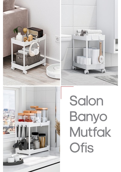 Beyaz 2 Katlı Tekerlekli Düzenleyici Mutfak Ve Banyo Rafı