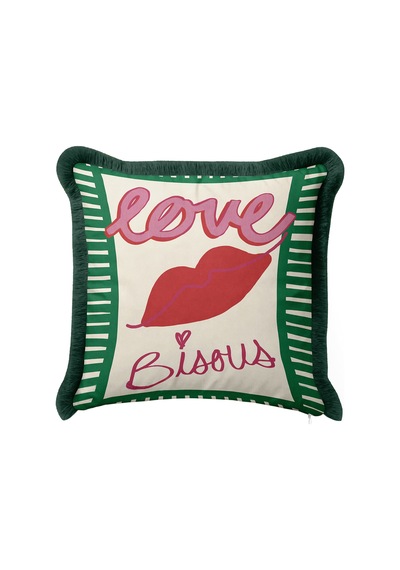 Love Dudak Motifli Saçaklı Yastık Kılıfı - Romantik Pop Art Krem Yeşil Gri Püsküllü Kırlent Kılıfı Beyaz