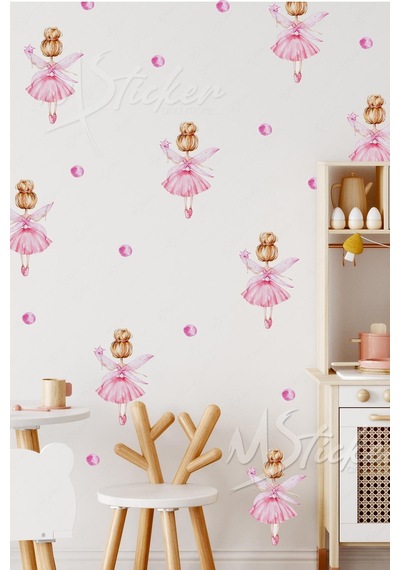 MSticker Minik Peri Kızı Balerin Yıldızlar Ve Puantiyeler Çocuk Bebek Odası Duvar Cam Sticker Seti