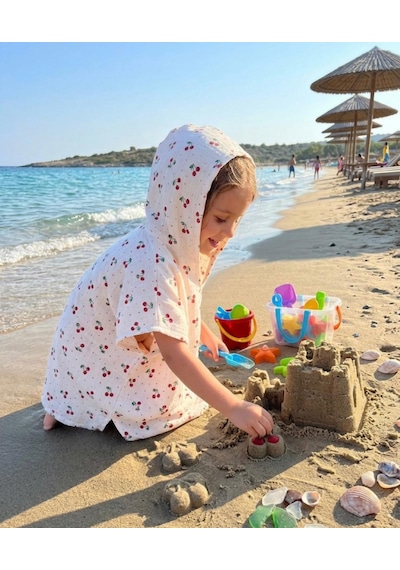 Müslin Pamuk Kapüşonlu Çocuk Bebek Panço Plaj Havuz Deniz 2-4 Yaş Desenli
