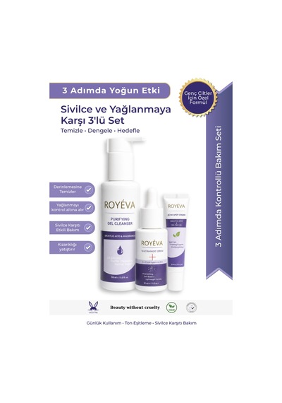 Royéva Genç Ciltler İçin Akne ve Gözenek Karşıtı Rutin Seti 3'lü