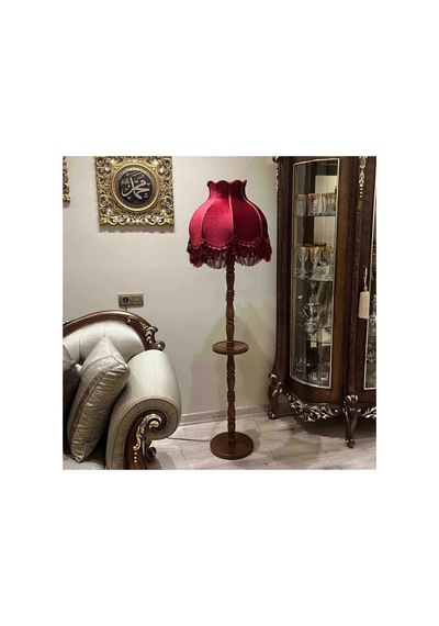 Bordo Kadife Kaplı Püsküllü Başlık Doğal Ahşap Sehpalı Ayaklı Vintage Lambader 170x45cm