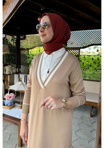 Rabia Şamlı Eylül Gömlekli Triko Elbise Bej Normal