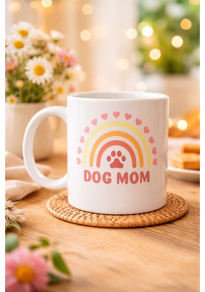 Dog Mom Baskılı Porselen Kupa Model 186 Köpek Annesi Temalı Sevimli Kahve Kupası Köpek Severlere Hediye Sevimli Pati Ve Gökkuşağı Tasarımlı Kupa Diğer