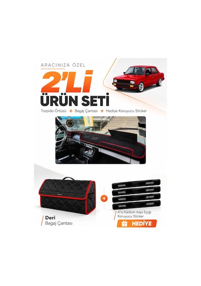 Tofaş Serçe 1984-1995 Uyumlu Torpido Örtüsü + Deri Bagaj Çantası + Sticker Seti - Siyah Kırmızı