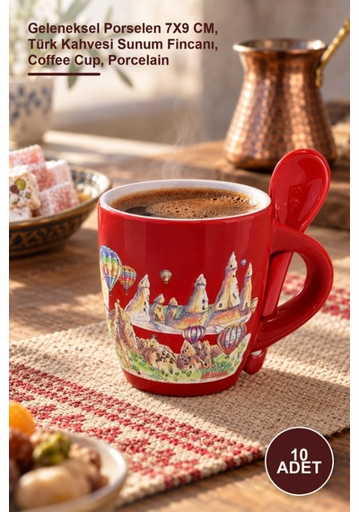10 Adet Yöresel Kahve Fincanı Geleneksel Porselen 7x9 Cm, Türk Kahvesi Sunum Fincanı, Coffee Cup, Porcelain Diğer