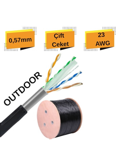 Cat6 305 Metre Makara Dış Ortam 0,57mm Kesit Çift Ceketli Outdoor Kablo