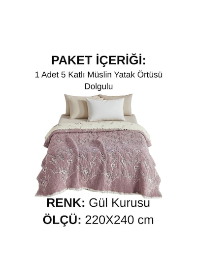 Nuvia 5 Kat Dolgulu Müslin Çift Kişilik Yatak Örtüsü %100 Pamuk Jakar Dokulu 220x240 Cm Gül Kurusu