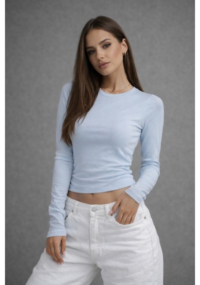 Wild Bee Kadın Bebe Mavi Bisiklet Yaka Uzun Kollu Basic Bluz
